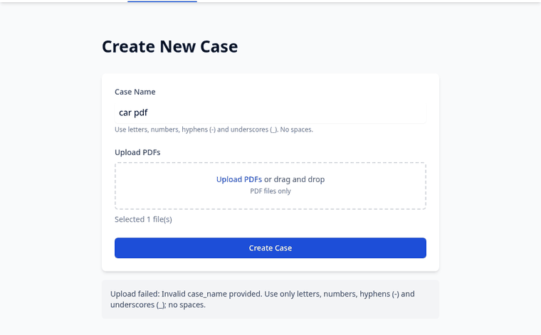 Create Case form showing a clear message about the space in the case name