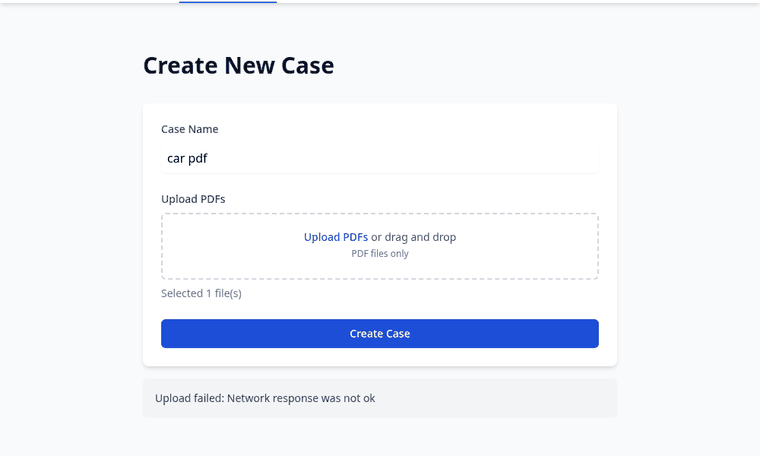 Create Case form showing only a vague network error